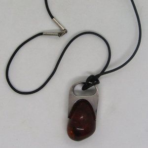 Heavy 1.75"x1.25" Baltic Amber Sterling Silver Pendant on Leather Cord